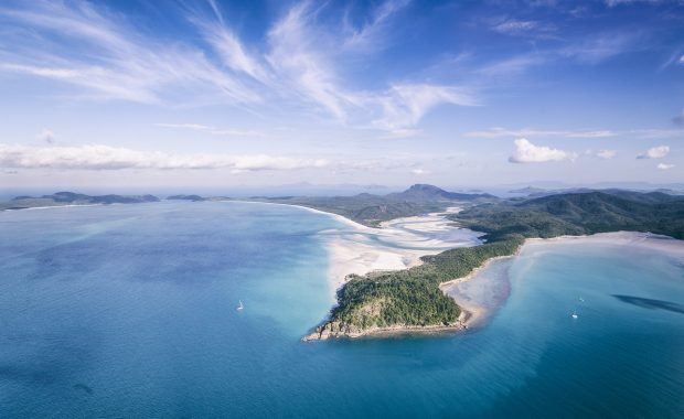 An aerial of Hill Inlet and Whitehaven Beach on Whitsunday Island