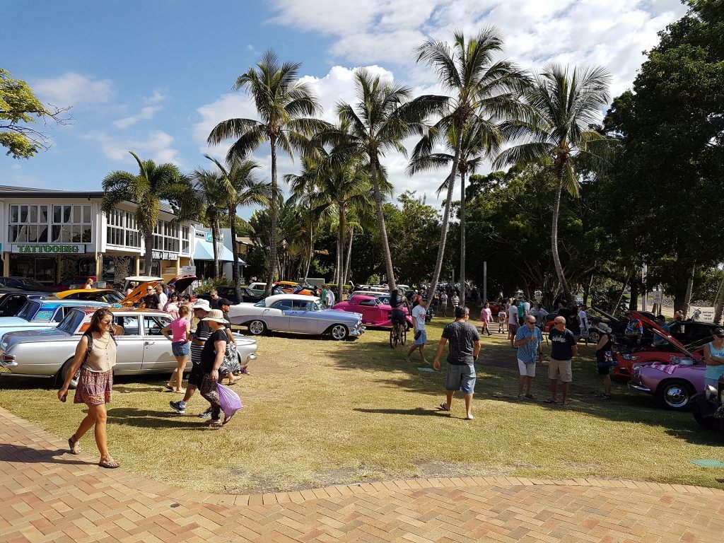 Many people enjoying the Whitsunday Cruisin Car Club on the Airlie Beach Foreshore