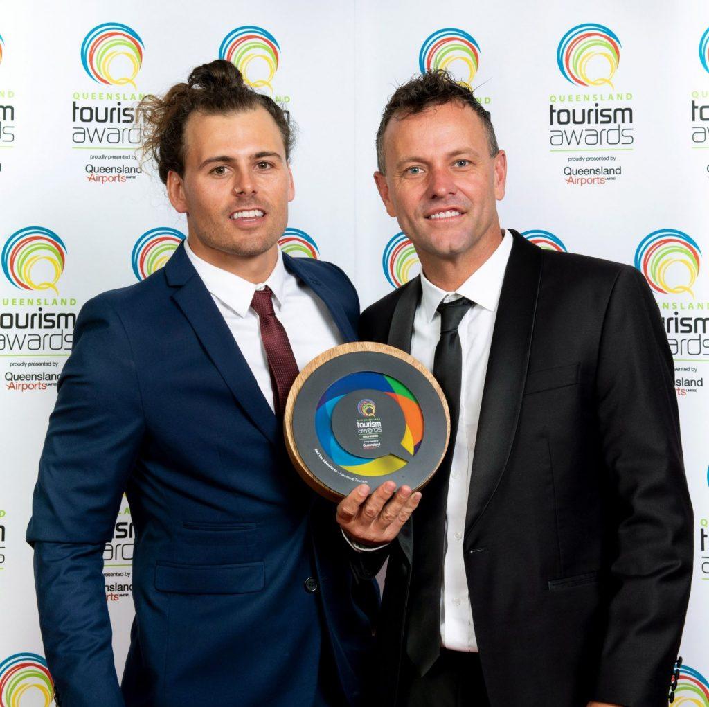 Red Cat Adventures Sales and Marketing Manager Chris Leverington and company Director Asher Telford at the 2019 Queensland Tourism Awards