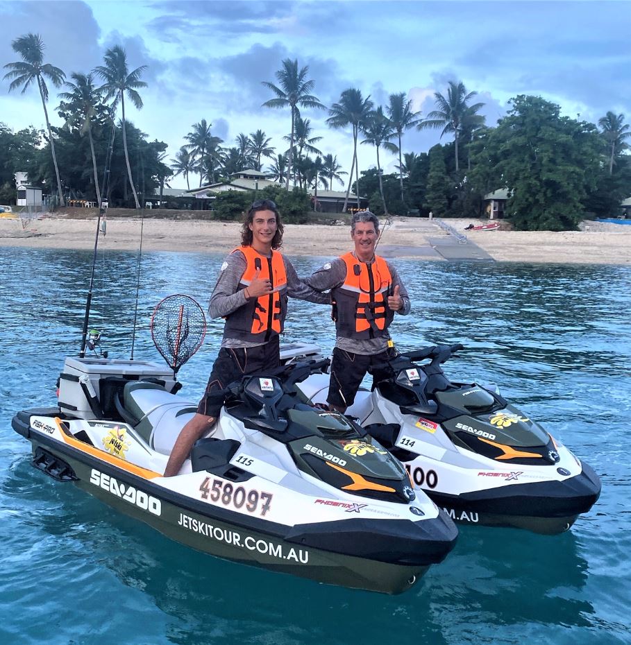 Steve and Rhys Ward on jet skis before departure on the Variety Jet Trek in March 2020