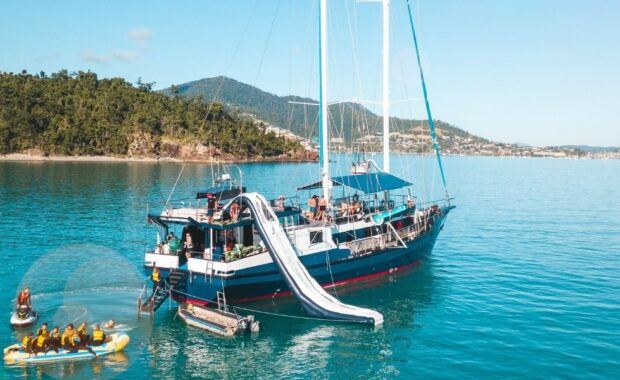 Atlantic Clipper sailing vessel in the Whitsundays with water slide and water toys