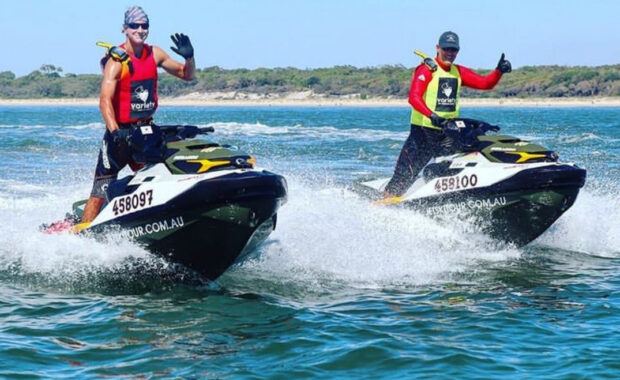 Steve and Rhys Ward on jet skis as they get ready to depart on the Variety Jet Trek in March 2020