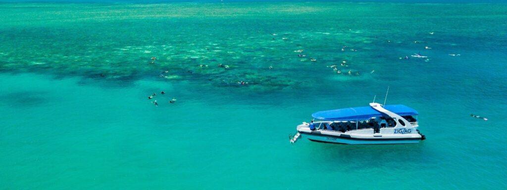A group of travellers snorkelling on the Great Barrier Reef with speed boat vessel Zig Zag