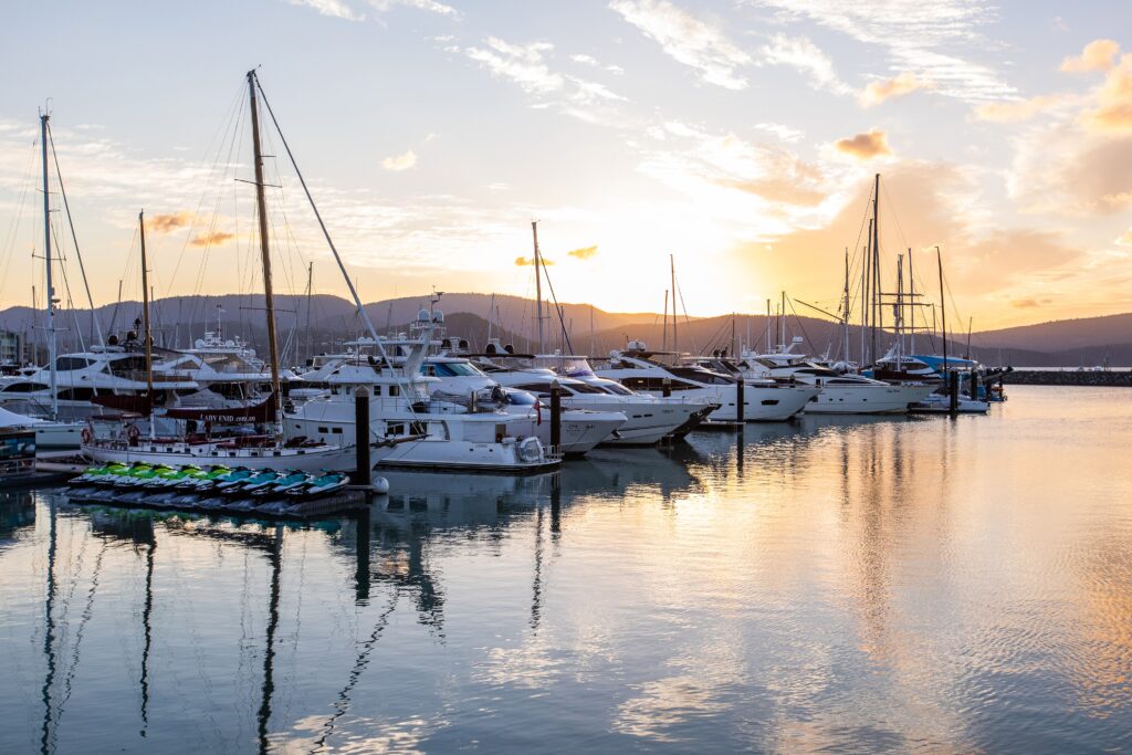 sunset and yachts at Coral Sea Marina